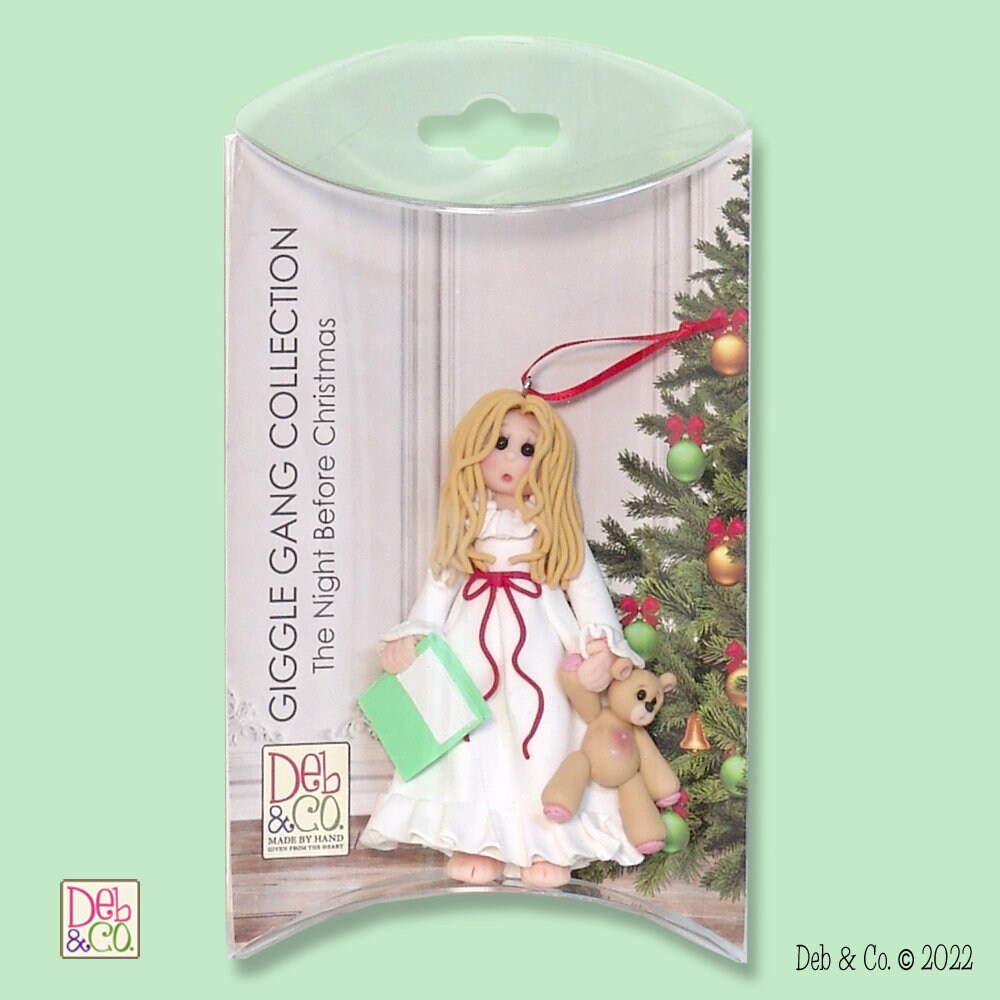 Giggle Gang Girl in Christmas Pajamas Handmade Polymer Clay Personalized Christmas Ornament in Custom Gift Box