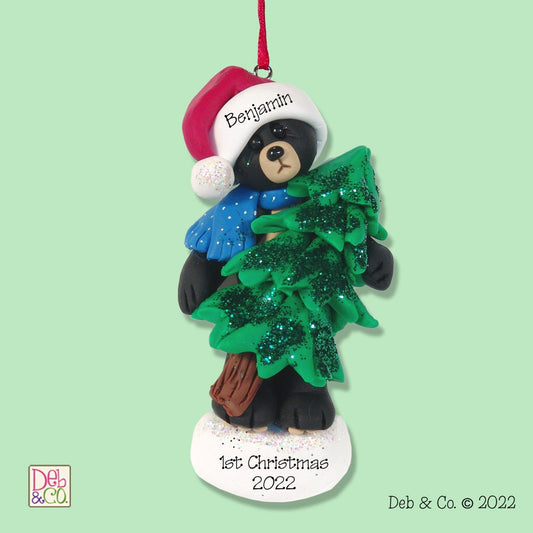 Personalized black bear with Christmas Tree HANDMADE Polymer CLAY Ornament , First Christmas Ornament