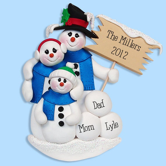 Snowman  Family of 3 HANDMADE POLYMER CLAY Personalized Christmas Ornament