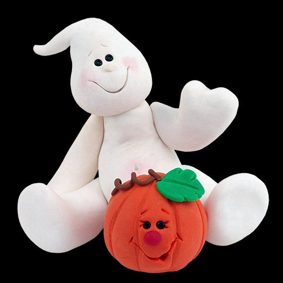 Belly Boo Ghost with Pumpkin HANDMADE POLYMER CLAY Halloween Ornament