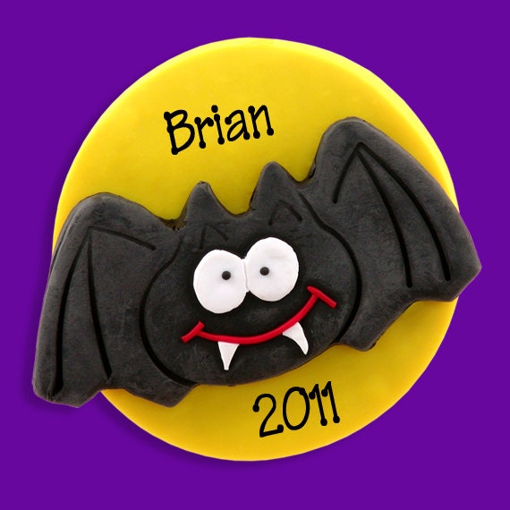 Black Bat and Moon  HANDMADE POLYMER CLAY Personalized Halloween Ornament