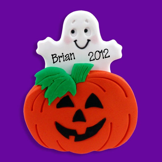 Boo Ghost with Pumpkin HANDMADE POLYMER CLAY Personalized Halloween Ornament