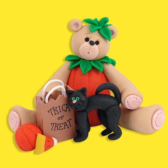 Belly Bear in Pumpkin Sut / Costume HANDMADE POLYMER CLAY Personalized Halloween Ornament