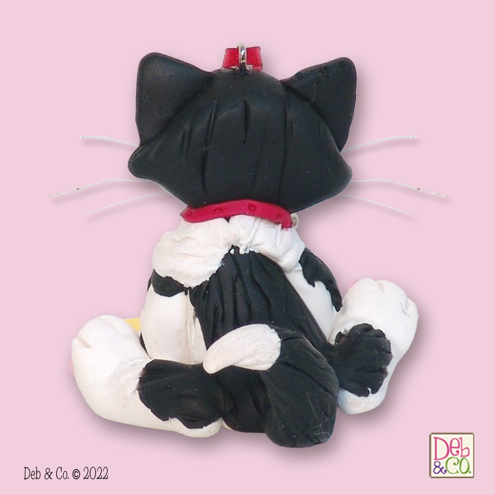 Tuxedo Black & White KITTY CAT HANDMADE Polymer Clay Personalized Christmas Ornament - With Optional Christmas Lights