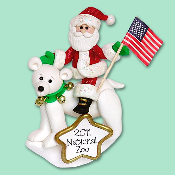 Santa on Polar Bear Patriotic HANDMADE POLYMER CLAY Personalized Christmas Ornament