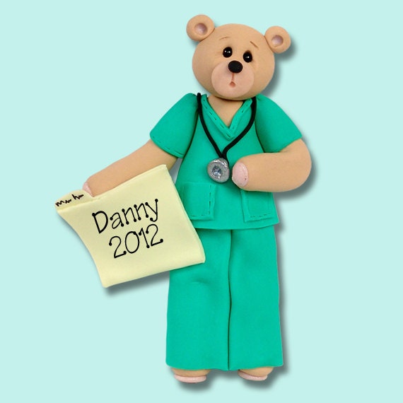 Belly Bear EMT / MALE NURSE / Medic / Doctor Handmade Polymer Clay Personalized Christmas Ornament