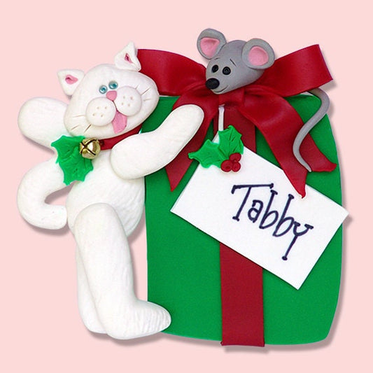 Christmas KITTY CAT with Gift Box & Mouse HANDMADE Polymer Clay Personalized Christmas Ornament