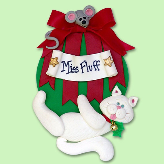 White Christmas KITTY CAT  Hanging on Ornament HANDMADE Polymer Clay Personalized Christmas Ornament