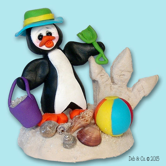 PETEY PENGUIN at The Beach Personalized Vacation Figurine Handmade Polymer Clay - Limited Edition