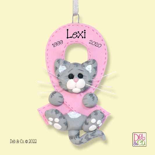 Breast CANCER-PINK RIBBON Survivor / Memorial Gray Tabby Kitty Cat - Polymer Clay Personalized Christmas Ornament