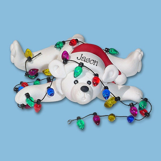 Polar Bear w/ Christmas Lights HANDMADE POLYMER CLAY Personalized Christmas Ornament