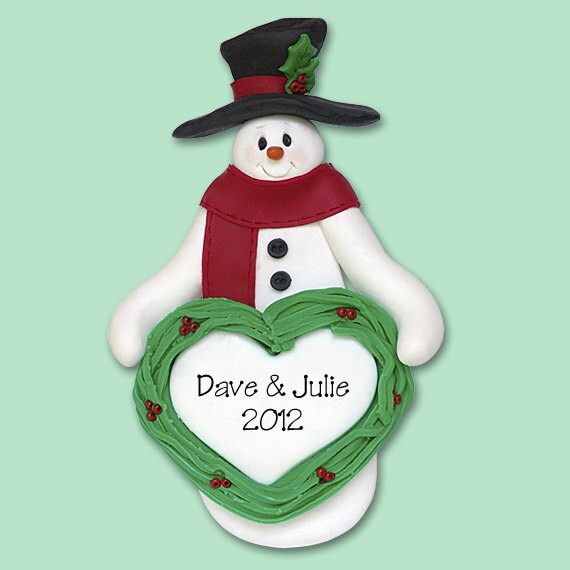 Snowman with Heart  HANDMADE POLYMER CLAY Personalized Christmas Ornament