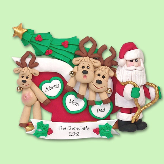 Santa & Reindeer Family of 3 HANDMADE POLYMER CLAY Personalized Christmas Ornament