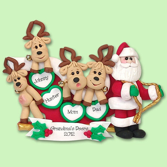 Santa & Reindeer Family of 4 HANDMADE POLYMER CLAY Personalized Christmas Ornament