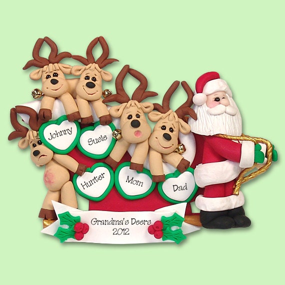 Santa & Reindeer Family of 5 HANDMADE POLYMER CLAY Personalized Christmas Ornament