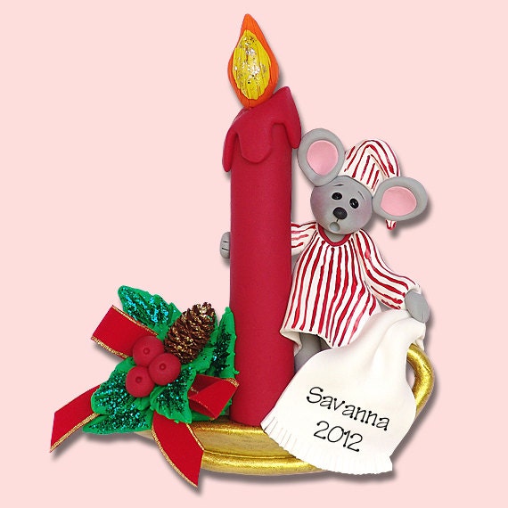 CHRISTMAS MOUSE on Candle Stick Personalized Christmas Ornament HANDMADE Polymer Clay