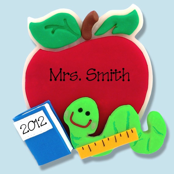 Apple w/Bookworm Teacher / School  HANDMADE POLYMER CLAY Personalized Christmas Ornament