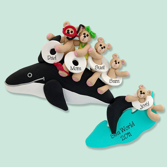 Belly Bear Family of 5 on Whale POLYMER CLAY Personalized Christmas Ornament