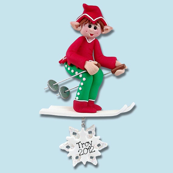 Personalized Christmas Ornaments, WHIZZY The skiing Elf,  HANDMADE  POLYMER Clay Personalized Ornament, Personalized Ski Ornament, Skiis