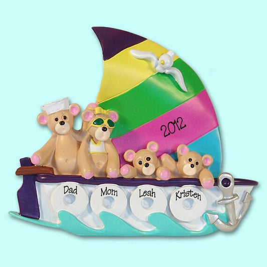 Belly Bear Family of 4 in Sailboat  RESIN Personalized Christmas Ornament