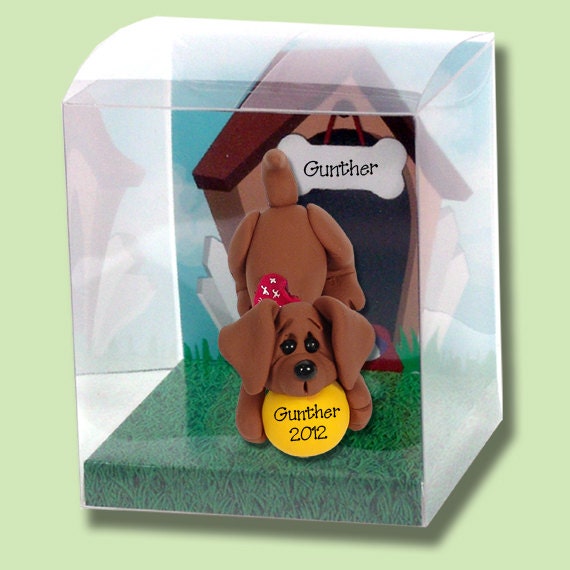 DAUSCHUND Puppy DOG in Box HANDMADE Polymer Clay Personalized Christmas Ornament