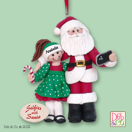 Selfies with Santa HANDMADE POLYMER CLAY Personalized Christmas Ornament - Girl with Santa