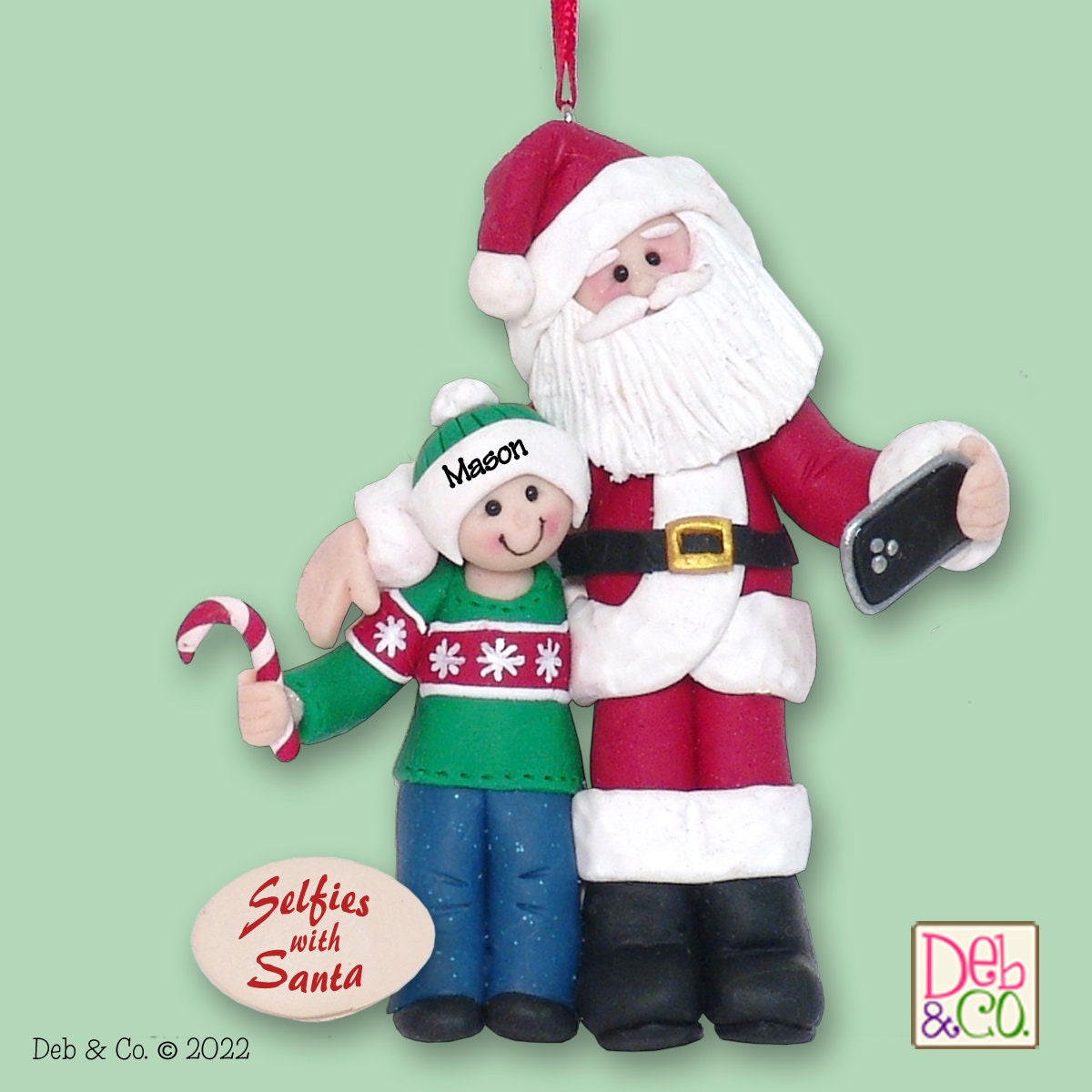 Selfies with Santa HANDMADE POLYMER CLAY Personalized Christmas Ornament - Boy with Santa