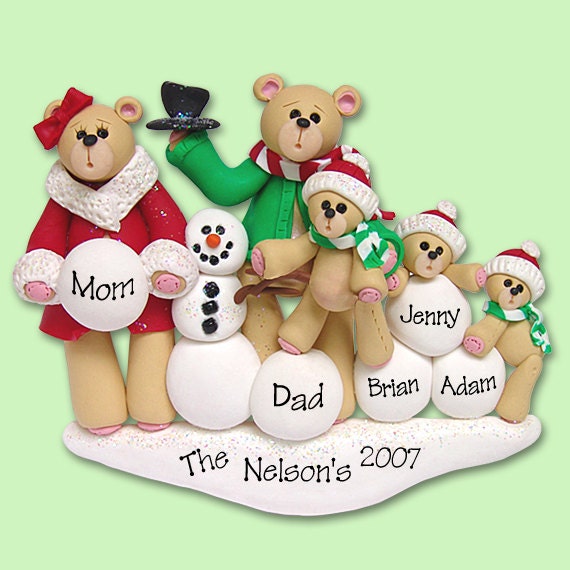 Bear Family of 5 with Snowman  HANDMADE POLYMER CLAY Personalized Christmas Ornament