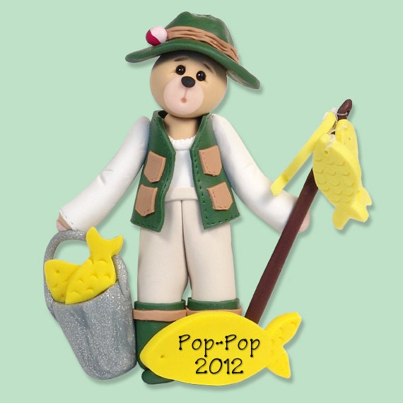 Fisherman Belly Bear HANDMADE Polymer Clay Personalized Christmas Ornament