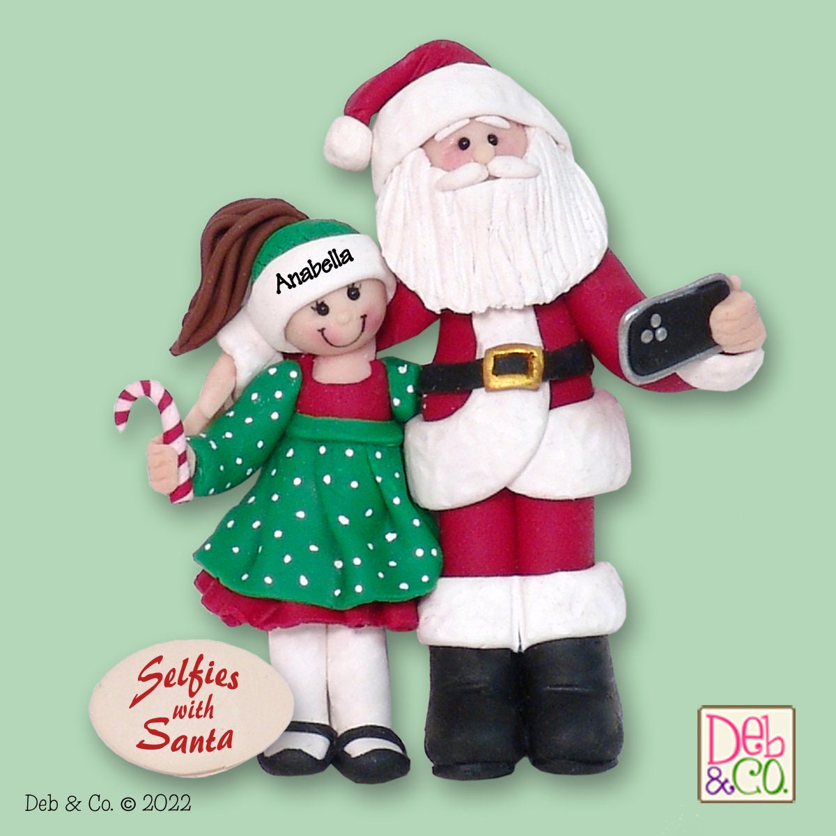 Selfies with Santa HANDMADE POLYMER CLAY Personalized Christmas Ornament - Girl with Santa