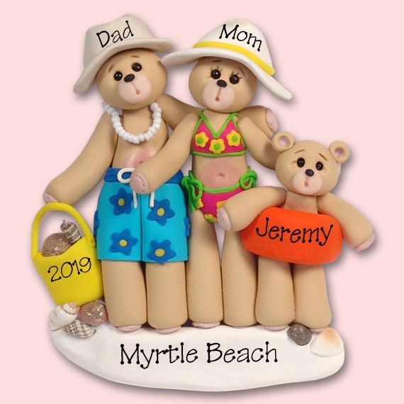 Belly Bear Beach Family of 3 Handmade POLYMER CLAY Personalized Christmas Ornament