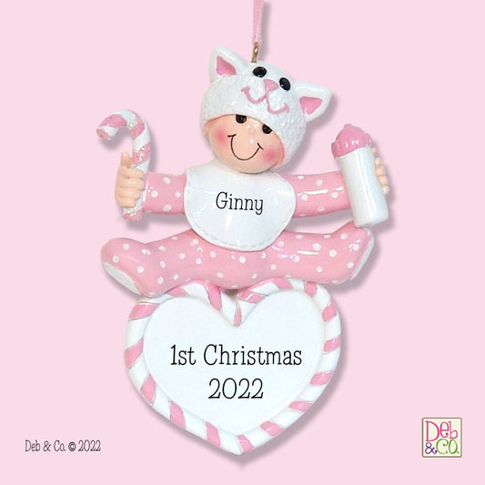 Baby's First Christmas - Baby GIRLw/Kitty Hat - Personalized Christmas Ornament  - Handpainted RESIN