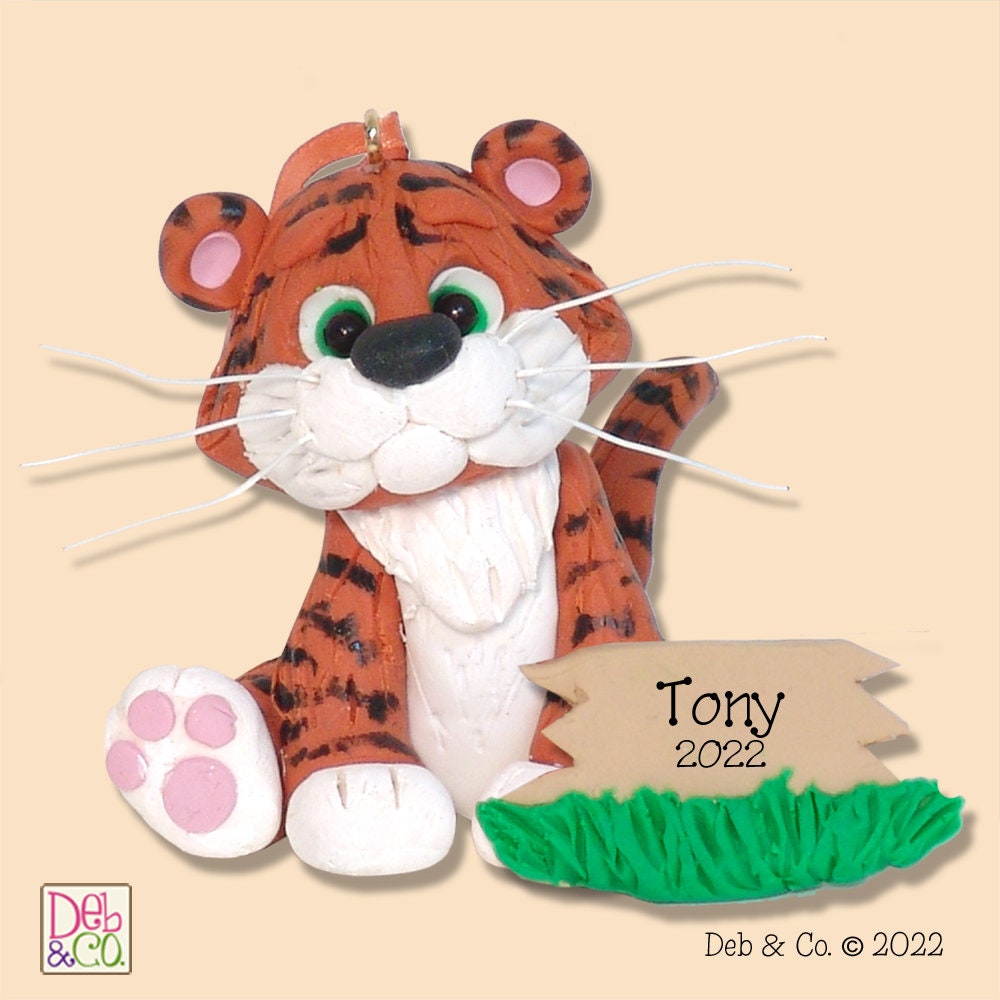 Tiger HANDMADE Polymer Clay Personalized Christmas Ornament w/Personalization Plaque