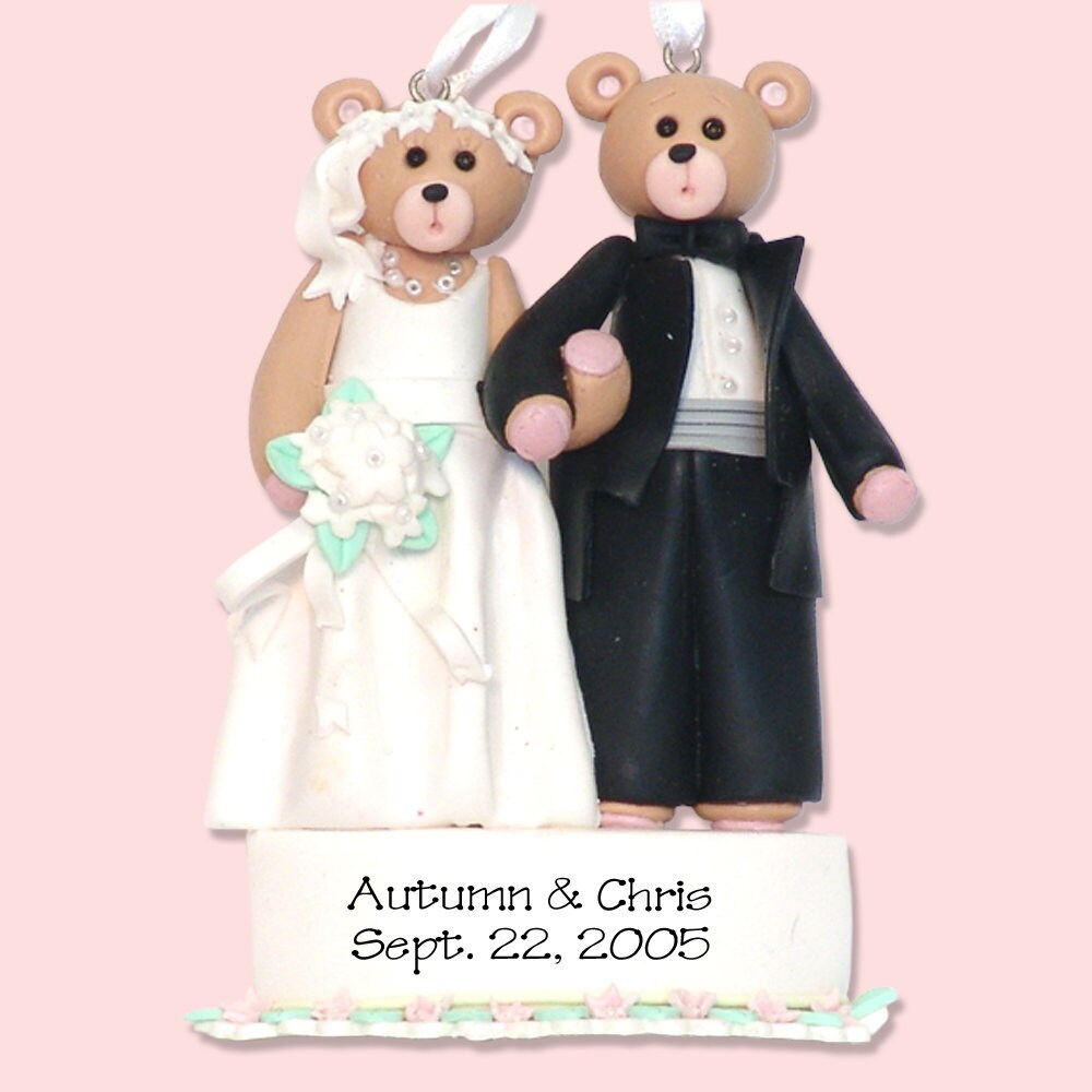 Belly Bear Bride & Groom Handmade Polymer Clay Personalized WEDDING Ornament - ON SALE!