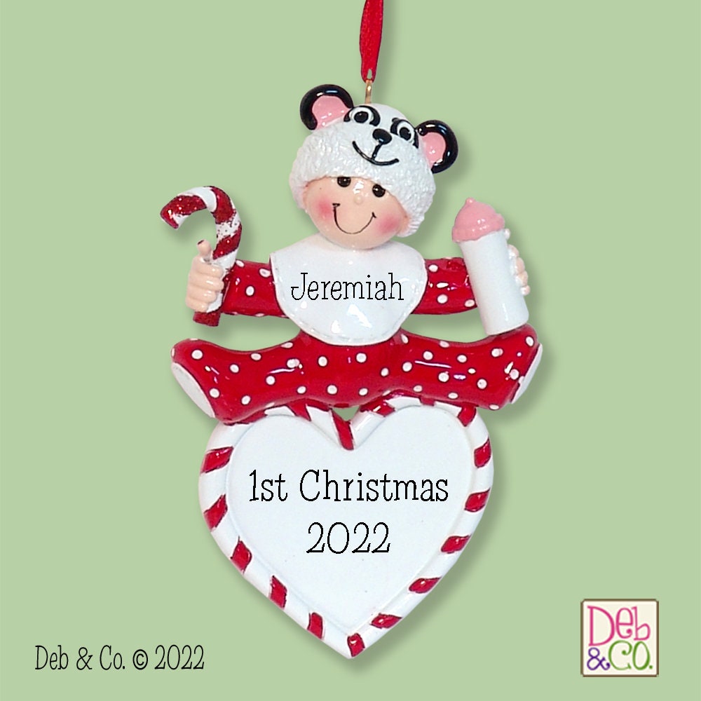 Baby's First Christmas - Baby GIRL or Baby Boy w/Panda Hat - Personalized Christmas Ornament  - Handpainted RESIN