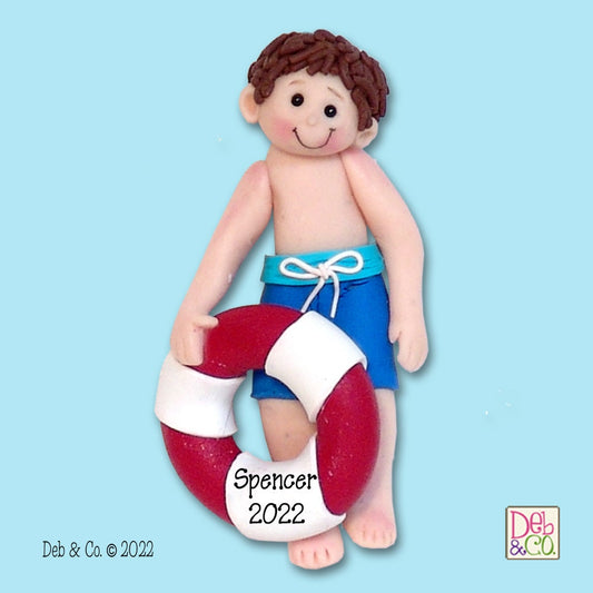 Giggle Gang BOY at the BEACH w/ Life Preserver Handmade Polymer Clay Personalized Christmas Ornament