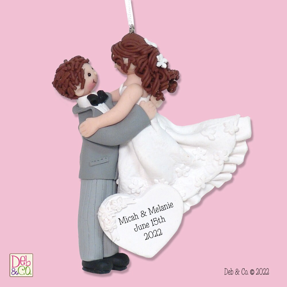 Bride & Groom Handmade Polymer Clay Personalized WEDDING Ornament