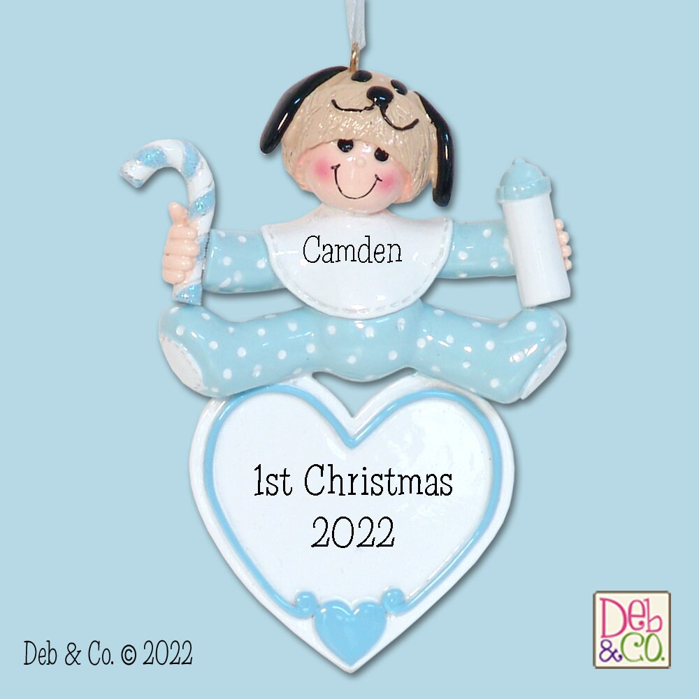 Baby's First Christmas - Baby BOY w/Puppy Dog Hat - Personalized Christmas Ornament  - Handpainted RESIN