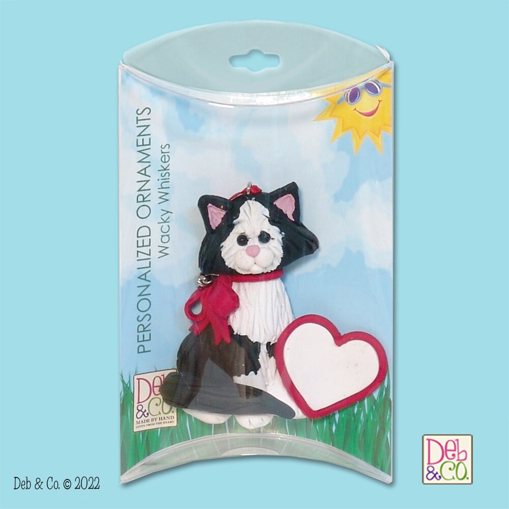 Black & White Tuxedo KITTY CATwith Heart HANDMADE Polymer Clay Personalized Christmas Ornament