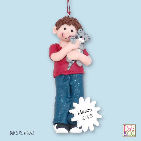 Giggle Gang Little Boy with Kitty Cat HANDMADE POLYMER CLAY Ornament - Personalized Christmas Ornament in Custom Gift Box