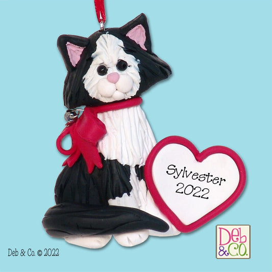 Black & White Tuxedo KITTY CATwith Heart HANDMADE Polymer Clay Personalized Christmas Ornament