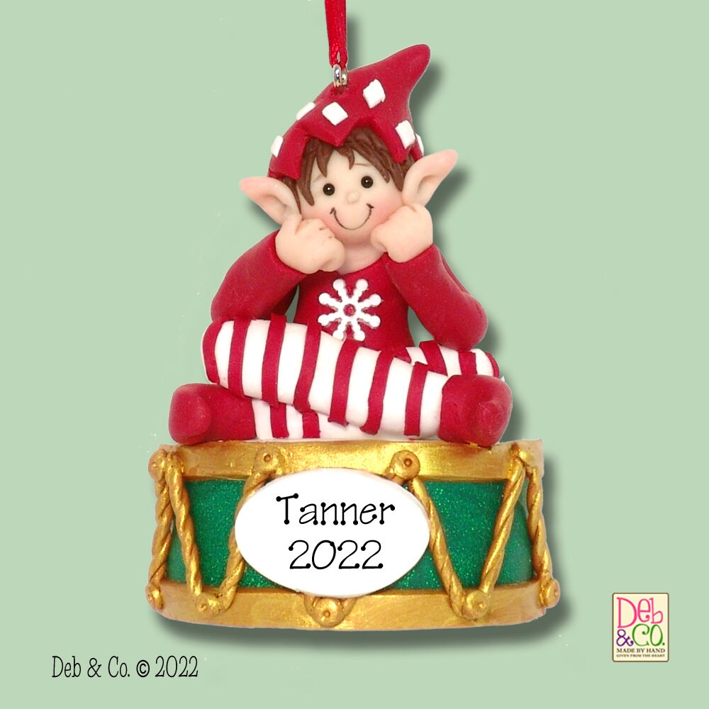 Christmas Elf on Drum Handmade Polymer Clay Personalized Ornament