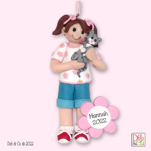 Giggle Gang Little Girl with Kitty Cat HANDMADE POLYMER CLAY Ornament - Personalized Christmas Ornament in Custom Gift Box