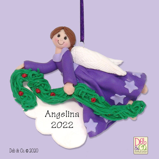 Purple Angel w/Brown Hair & Garland HANDMADE Polymer Clay Personalized Christmas Ornament - Limited Edition