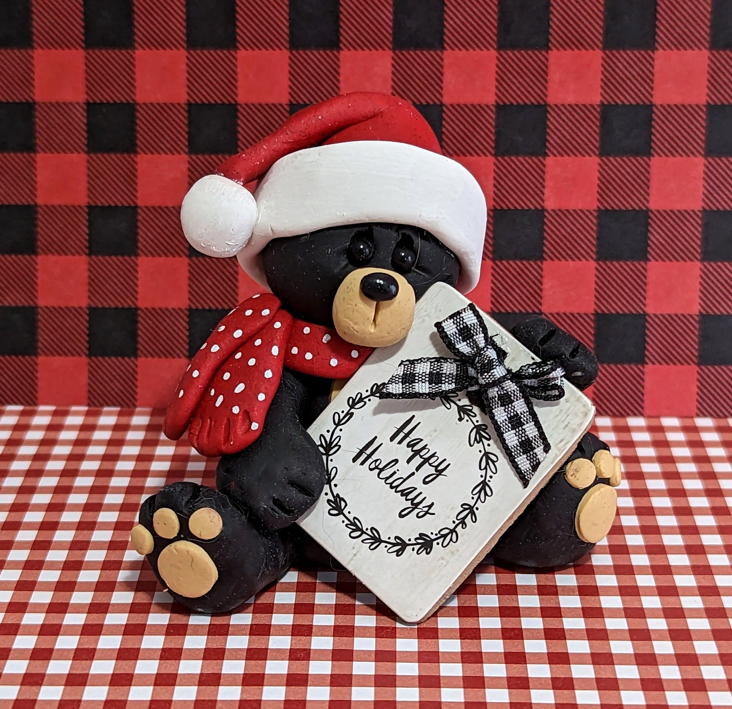 Personalized Sitting Black Bear with "Happy Holidays" sign Handmade Polymer Clay Christmas Figurine