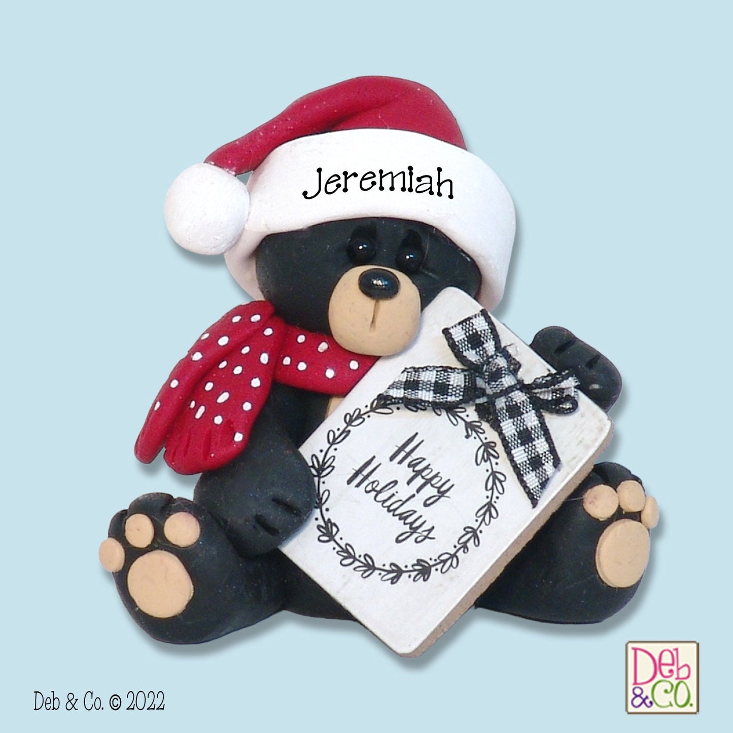 Personalized Sitting Black Bear with "Happy Holidays" sign Handmade Polymer Clay Christmas Figurine