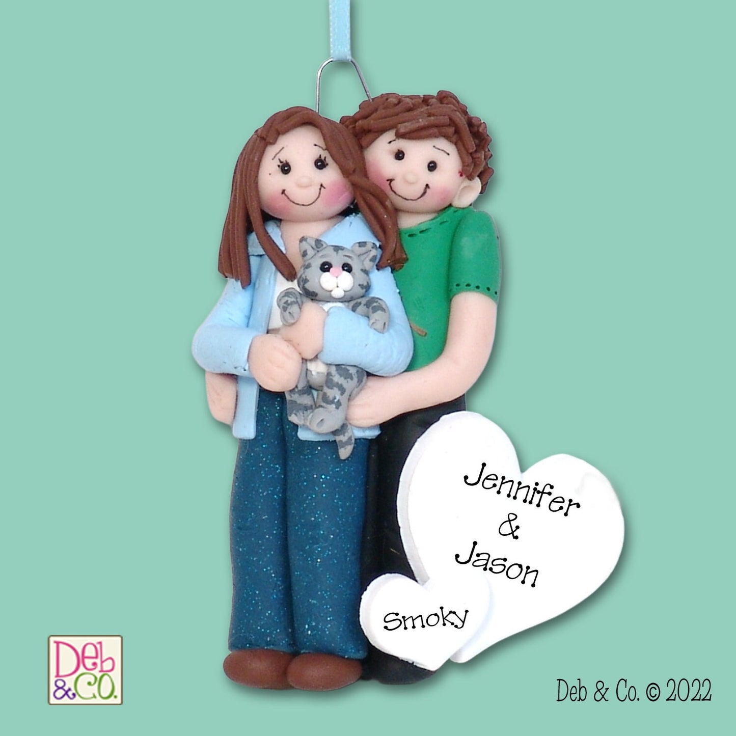 Couple with Gray Tabby Kitty Cat HANDMADE POLYMER CLAY Personalized Christmas Ornament - Limited Edition