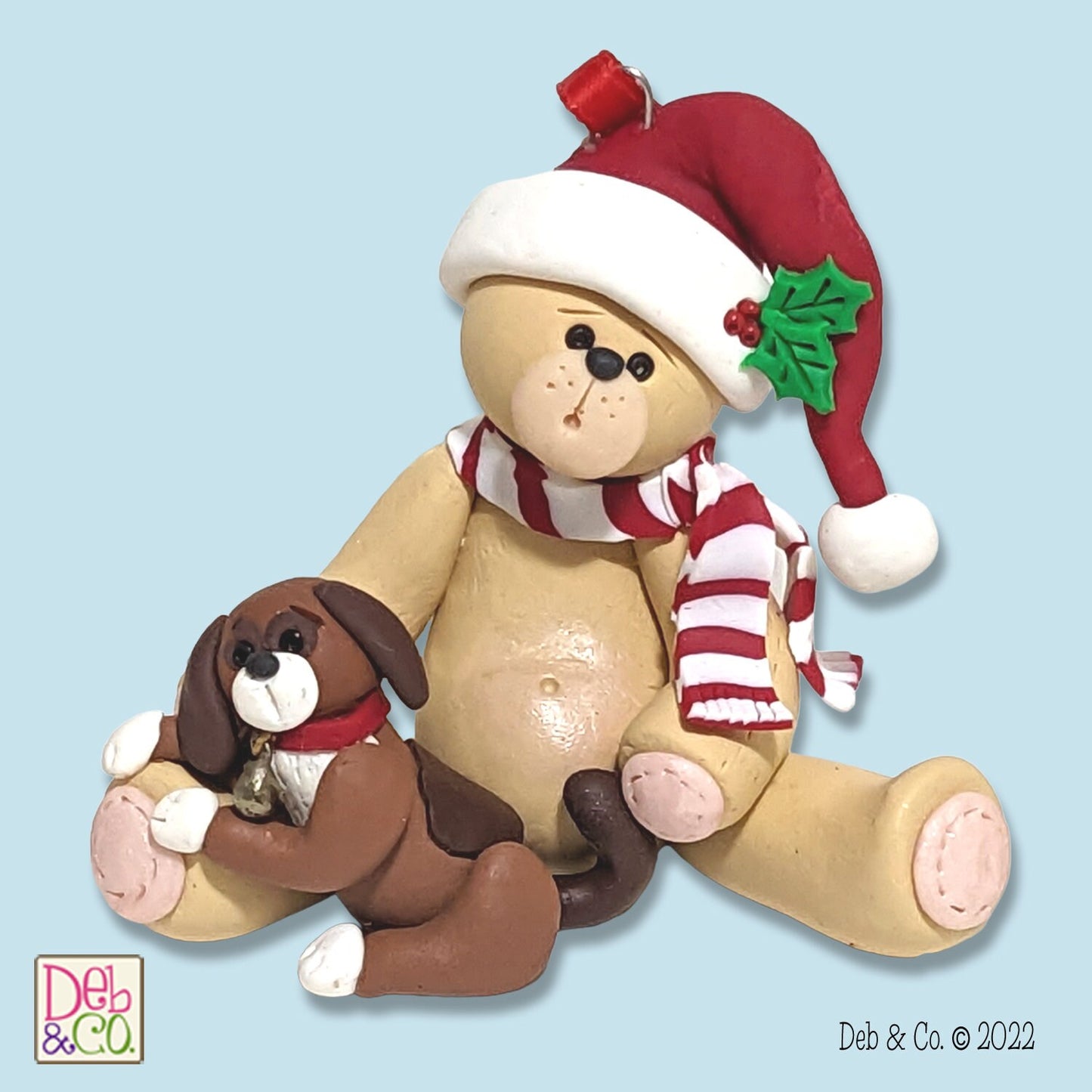 Belly Bear w/ PUPPY DOG Personalized Christmas Ornament - Handmade Polymer Clay