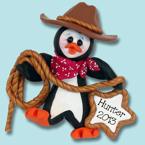 Petey Penguin Cowboy HANDMADE POLYMER Clay Ornament - Limited Edition - Personalized Christmas Ornament