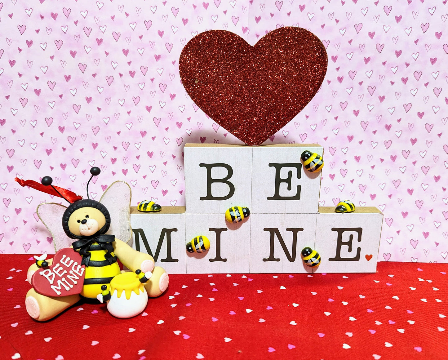 Bear in Bee Suit Ornament with Plaque / Handmade Polymer Clay Valentine Decoration